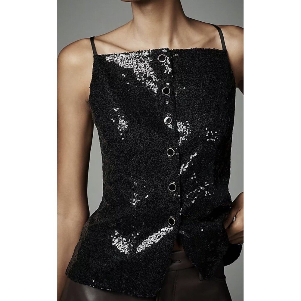 Anthropologie Black Sequin Button Front Tank Cami Size XL Black Tie Event